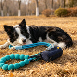 Cute Dog Poop Bag Holder with Hook-and-Loop Attachment, Double Layer Fabric Waste Bag Dispenser for Leashes, Includes Starter Roll for Easy Pet Cleanup (Navy Blue)
