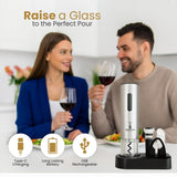 GrapeVibeEssentials 5-in-1 Electric Wine Opener gift Set – Rechargeable Automatic Wine Bottle Opener with Charging Base, Foil Cutter, Aerator Pourer & Vacuum Stoppers