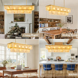 CEENWE Rectangle Alabaster Chandelier, L54 Brass Linear Chandeliers Over Table Pendant Light Modern Mrable Rectangular Chandelier for Kitchen Island Dining Room Living 2-Tier Gold(Include 16 Bulbs)