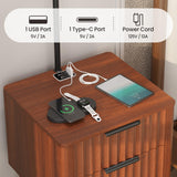 HNEBC Fluted nightstand Set 2 with - with 3-Color Lights and Lampshades,Modern Night Stand with Charging Station,LED Bedside Table with 2 Drawers,Tall Side Table for Bedroom,Walnut