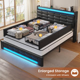 ADORNEVE Full Size Bed Frame with Storage Headboard & 4 Drawers, LED Bed Frame Full with Charging Station, Leather Upholstered Platform Bed Frame with Button Tufted, No Box Spring Needed, Black PU
