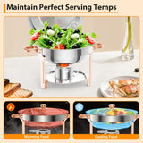 5QT Round Chafing Dish Buffet Set – Rose Gold Stainless Steel Catering Warmer with Dome Lid, Frame & Utensils – Stackable Food Server for Weddings, Parties, Dinners (Fuel or Ice Compatible), 2 Pcs.