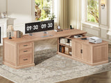SEDETA Farmhouse L Shaped Desk with Drawers, 70.9" Home Office Desk with Storage Cabinet and Storage Shelves, L Shaped Computer Desk with Power Outlet，Oak