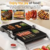 Sunvivi Indoor Grill & Griddle with Preset Menu, 1600W Electric Panini Press Sandwich Maker, Removable Nonstick Plates, Locking Lid, Double-sided Grill with 180° Flat Opening, Stainless Steel, Black