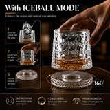10oz Spinning Whiskey Glasses for Whiskey-lovers: 360° Rotating Crystal Glass with Iceball Mold for Scotch Bourbon - Old Fashioned Glasses for Bar Party Home - Gifts for Men Dad Husband (Ice Flower)