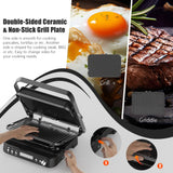 CATTLEMAN Panini Grill Press Sandwich Maker with Removable Plates, 1600W, 5 in 1 Smokeless Indoor Grill & Griddle with Meat Thermometer, PFAS Free Ceramic Nonstick Reversible Plates, Opens Flat