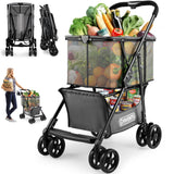 𝐈𝐦𝐩𝐫𝐨𝐯𝐞𝐝 𝐕𝐞𝐫𝐬𝐢𝐨𝐧 Folding Shopping Cart for Groceries, 80lbs Collapsible Grocery Cart with Removable Basket