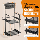 YQSLYSF Fishing Rod Holders for Garage with Pegboard & Metal Mesh Basket, Fishing Rod Storage Rack, Vertical Fishing Pole Holder for Up to 12 Poles, Tackle Gear Organizer