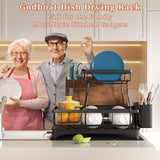 Godboat Dish Drying Rack, 2-Tier Dish Rack with Auto-Drain & Mat, Dish Racks for Kitchen Counter, Dish Drainer with Knife