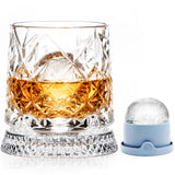 LGSZSFH 10oz Spinning Whiskey Glasses for Whiskey-lovers: 360° Rotating Crystal Glass with Iceball Mold for Scotch Bourbon - Old Fashioned Glasses for Bar Party Home - Gifts for Men Dad Husband (Grid)