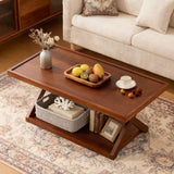 BECHAEO Solid Oak Coffee Table for Living Room, 2-Tier Wooden Coffee Table with Storage Shelf, Modern X-Shaped Base, Heavy Duty 400 lbs Center Table for Home