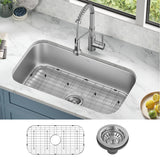 KRAUS Premier 32 3/8 inch Undermount Single Bowl 18-Gauge Stainless Steel Kitchen Sink with Bottom Grid and Strainer, KBU44