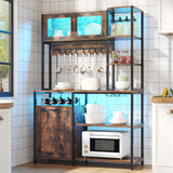 Bigbiglife Bakers Rack with Power Outlet and LED Light, 42.5 inch Industrial Coffee Bar Cabinet with Trash Can Storage Bin Cabinet, Microwave Stand with Storage for Kitchen, Living Room