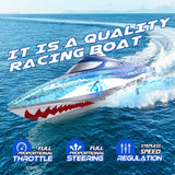 DEERC High-Speed RC Boat for Kids & Adults, 20+ MPH Full Proportional Remote Control Shark Boat with LED Lights, 2.4GHz Racing Boat for Pools & Lakes