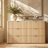 ModernMate 6 Drawer Dresser for Bedroom, 54" Clothes Dresser with Smooth Glide Drawers & Faux Travertine Texture Top, Modern Tall Chest of Drawers with Metal Handles for Bedroom Storage, Beige