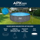 Bestway APX 365 16' x 48" Above Ground Pool, Round Metal Frame Outdoor Swimming Pool Set with Sand Filter Pump, Ladder, and Cover, Dark Marble