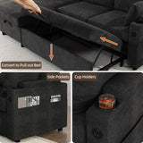 Convertible Sofa Bed, Chenille L-Shaped Sectional Sofa with Storage, Black