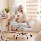 Daluvenix Cross Legged Office Chair with Flip Armrests，Big and Tall Executive Office Chair, 135° Reclining Criss Cross Chair with Footrest & Lumbar Pillow, Sink-in Cloud Cushion, Sherpa Fleece, White