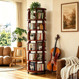 6 Tier 360° Rotating Solid Wood Bookshelf with Wheels, Lazy Susan Circular Spinning Revolving Corner Bookcase