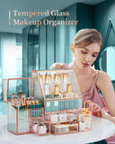 Youdepot Tempered Glass Makeup Organizer & Lipstick Holder with 24 Slots-Countertop Cosmetic Organizer for Vanity with Brush Holder Ideal Large Makeup Storage Drawer Organizer for Bathroom & Dresser.