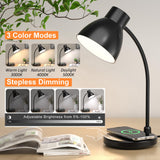 Vicsoon Desk Lamps for Home Office - LED Desk Lamp with Wireless Charger, 3 Color Modes Dimmable Eye-Caring Study Reading Desk Light, Small Flexible Arm Table Lamp for College Dorm Room Bedside, Black