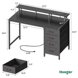 Huuger 47 Inch Computer Desk with Power Outlets and LED Lights, Gaming Desk with 4 Drawers,