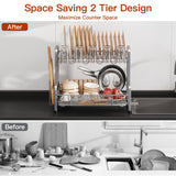 2 Tier Dish Drainer Drying Rack for Kitchen Counter, Large Stainless Steel Dishes Dryer with Drainboard, Space Saving, Big Rustproof Metal Modern Countertop Plates Strainer with Utensil Holder, Sliver