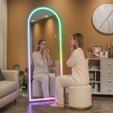Hasipu 78.7" x 35.4" Arch LED RGB Bluetooth Full Length Mirror with Stand ＆ 7 Color Lighting Modes, Full Body Mirror with White Frame for Bedroom, Living Room, Dressing Room