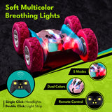 Threeking Pink Remote Control Car RC Flip Stunt Double Sided Driving Cars Toys for Girls Ages 6-12, USB-C Modular Batteries, 4WD 360° Flips with Breathing Soft Lights, Presents Gifts for Kids