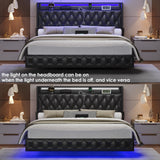 Keyluv Full Floating Bed Frame with LED Lights & Charging Station, Upholstered PU Leather Platform Bed with Button Tufted Storage Headboard, No Box Spring Needed, Noise-Free, Easy Assembly, Black
