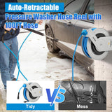 FIXFANS Pressure Washer Hose Reel with Hose, 1/4" × 100ft Retractable Power Washer Hose Reel, Heavy Duty Hose Reel Auto Rewind, Wall Mounted, 3600 PSI