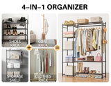 Wardrobe Closet,Portable Clothes Rack with 4 Tiers Shelves,Freestanding Closet Organizers and Storage System with Hanging Rods,Steel Clothing Rack Suitable for Cloakrooms,Bedrooms,Entrances,etc.Black