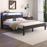 LOEWAY Queen Size Bed Frame with Storage Headboard and LED Lights, Industrial Platform Bed with Charging Station, Heavy Duty Metal Slats, No Box Spring Need, Noise Freee, Grey