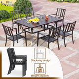 PHI VILLA 7 Pcs Patio Dining Set w/Umbrella, 6 Stackable Chairs