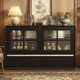 47.24" Solid Wood Storage Cabinet with Glass Doors and Drawers, Black Sideboard Organizer for Living Room, Dining Room, Entryway, Kitchen or Home Office