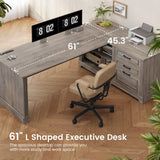 Executive Desk, 61" Farmhouse L Shaped Desk with File Drawers, Office Desk with Drawers and Power Outlets