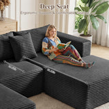 Boneless Couches for Living Room - 110" U Shaped Modular Sectional Sofa with Ottoman Oversized Deep Seat Corduroy No Assembly Memory Foam Cloud Big Comfy Convertible Floor Couch (Black)