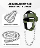 DMoose Fitness Neck Harness for Weight Lifting - Soft Padded Head & Chin Strap with 30" Heavy Duty Steel Chain - Neck Exerciser, Trainer & Strengthener to Support Injury Recovery (Military Green)