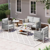 Oasbira Aluminum Outdoor Patio Furniture Set with Dual-Layer Coffee Table, 4 Piece Modern Patio Conversation Sets with PE Rope, Outdoor Sectional Sofa with Thick Cushions for Balcony, Deck, Silver
