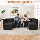 MONVANE 130'' Modular Sectional Cloud Couch for Living Room, 6 Seater Convertible Chenille Couches Set with Ottoman & Pillow, No Assembly Compression Sofas, Comfy Floor Sofa with Memory Foam, Black