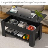 Haiput Wam Lift-Top Coffee Table with Storage Shelf & Secret Compartment | Classic Black Solid Wood Adjustable Height Table for Living Room, Compact Dining Area, Studio（39.4in Black）