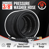 YAMATIC 3/8" Pressure Washer Hose 50FT With Swivel 3/8 Quick Connect, 4000 PSI High Tensile Steel Braided Kink Resistant, 212°F Hot/Cold Water Power Washer Hose for Professional Gas Cleaning