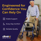 Drive Medical Rollator Walker with Seat - Stable Mobility Support - Height Adjustable - Durable Steel Frame Construction - Smooth 7.5" Wheels - Foldable - 350 Lb Limit - Blue