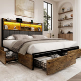 BRELTAM Queen Bed Frame with 6 Storage Drawers, Linen Upholstered Headboard, Built-in USB Charging Station & LED Lighting, Silent Metal Support, No Box Spring Needed, Vintage Brown