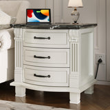 RECHHX Solid Wood Curved Nightstand with Charger Station, Water-Based Painted Bedside Tables with 3 Drawer Storage, Farmhouse End Table with Carved for Bedroom, Living Room, White