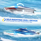 DEERC High-Speed RC Boat for Kids & Adults, 20+ MPH Full Proportional Remote Control Shark Boat with LED Lights, 2.4GHz Racing Boat for Pools & Lakes