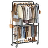 ZHKINGGS Clothes Racks for Hanging Clothes, Rolling Clothing Rack with Pants Rack, Side Hooks & Shoe Shelf, Portable Garment Rack for Bedroom, Laundry Room, Clothing Store, Closet, Black