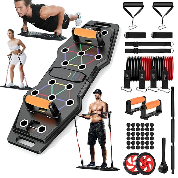 Push Up Board | Portable 25-In-1 Push up Board for Men | Pilates Bar & 20 Fitness Accessories with Resistance Bands & Ab Roller Wheel | At Home Gym, Pushup Handles for Floor | Professional Strength Training Equipment For Man and Women Flexfinity