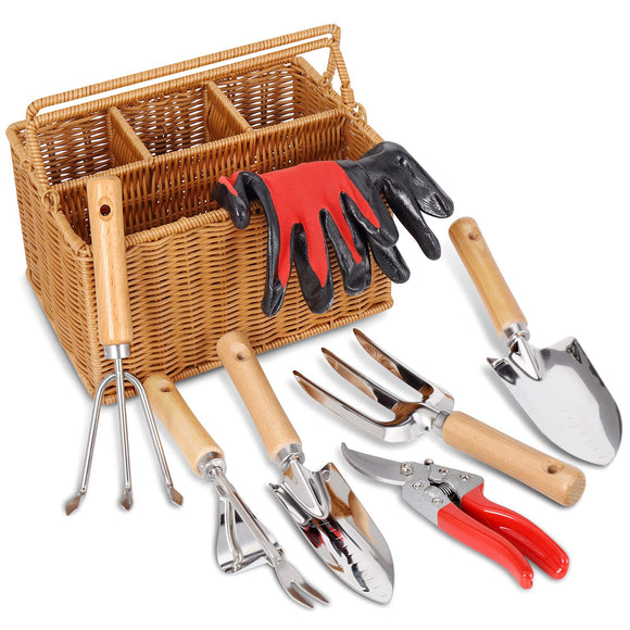 Garden Tools Set with Basket, Heavy Duty Stainless Steel Gardening Hand Tool with Wood Handle, Pruning Shears, Gloves