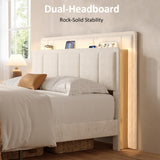 nesture. Queen Storage Bed Frame, Upholstered Platform Bed with 2 Drawers, Velvet Vertical Tufted Headboard with LED Lights & Charging Station, Wooden Slats Support, No Box Spring Needed, Off-White